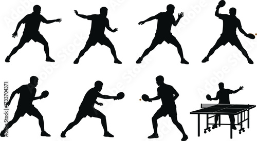 Table tennis silhouette, ping pong players, black vector illustration, paddle action pose, sports movement, match scene, isolated icon, dynamic gesture