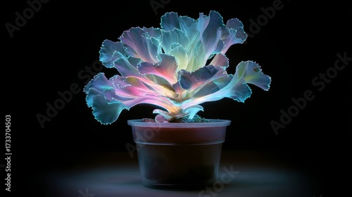 Dark, plant, in the laboratory, a single, luminous, succulent, plant, leaf, s...