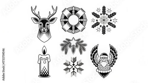 A collection of christmas themed black and white drawings including a reindeer candle and snowflakes etc