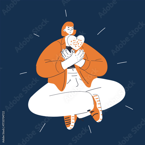 Cartoon vector illustration of woman meditating in lotus position inner peace over dark background