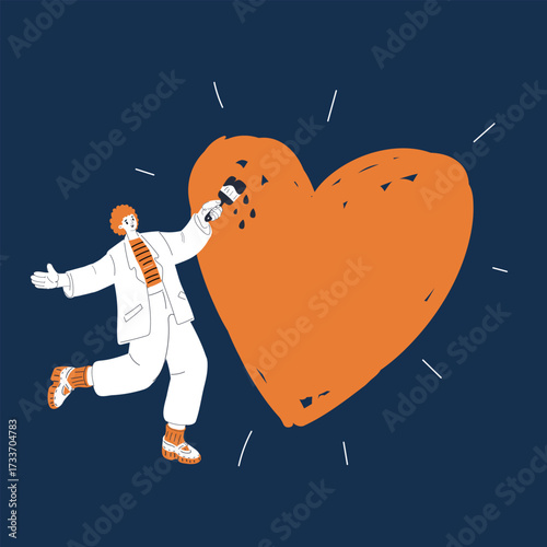 Cartoon vector illustration of a woman painting a large heart with a brush symbol of creativity, love, and emotional expression over dark background
