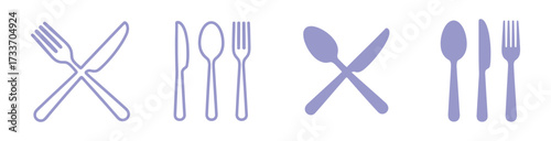 Illustration of cutlery set, featuring a fork and knife crossed, a knife, spoon, and fork, a spoon and knife crossed, and a spoon, knife, and fork, all in a light purple hue
