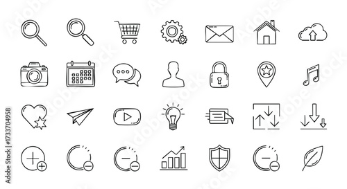 Collection of hand-drawn line art icons representing various digital and online concepts.