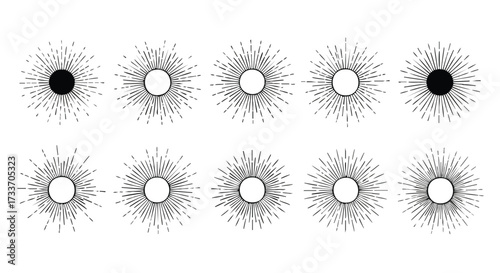 A collection of ten stylized sunburst designs with radiating lines and central circles.