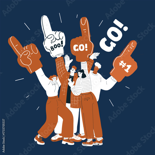 Cartoon vector illustration of group celebrating unity and victory over dark background