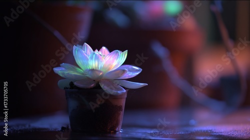 Dark, plant, in the laboratory, a single, luminous, succulent, plant, leaf, s...