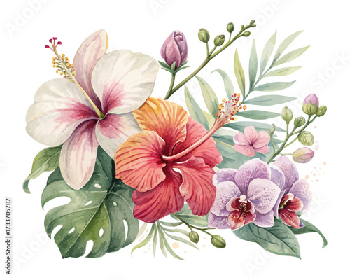 Tropical Hibiscus and Orchid Watercolor Combo vector illustration