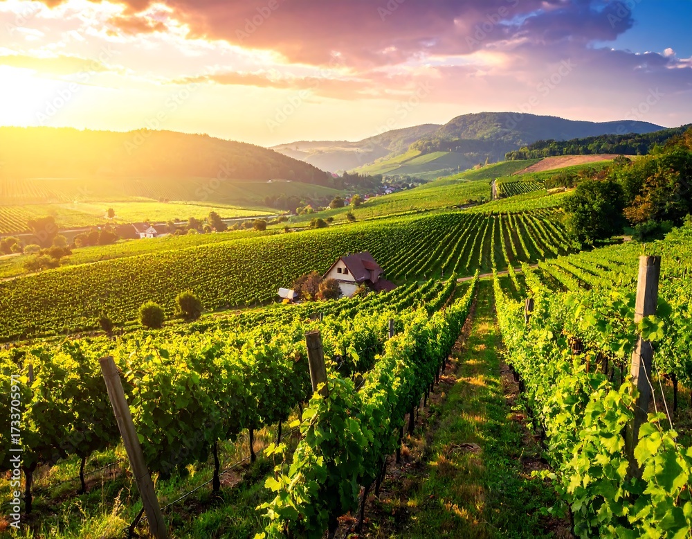 Fototapeta premium Scenic vineyard landscape at sunset (1)