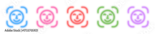 Facial recognition neon icon isolated, Glowing happy face scan, Bright biometric symbol, Neon user authentication, or Shiny face ID vector illustration