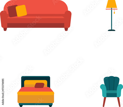 Flat design living room furniture set with sofa bed and lamp