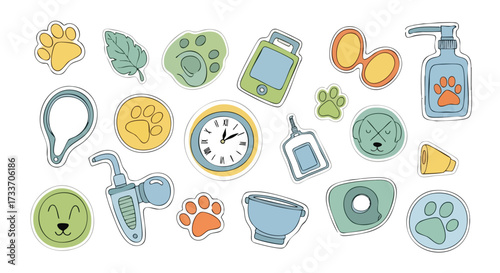 A collection of colorful, cartoon-style illustrations of pet-related items and symbols, arranged on a white background.