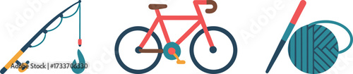 Fishing Biking and Knitting Icons for Hobbies and Leisure Time