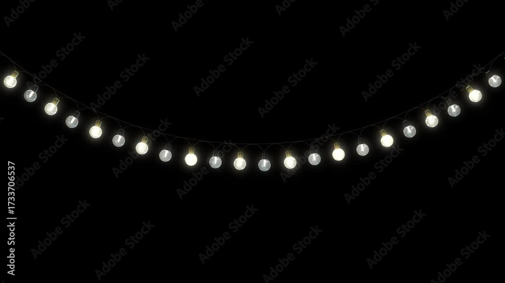 yellow string lights new year and christmas light alpha channel animation, winter holiday and birthday party celebration 3drgb light show motion design element	