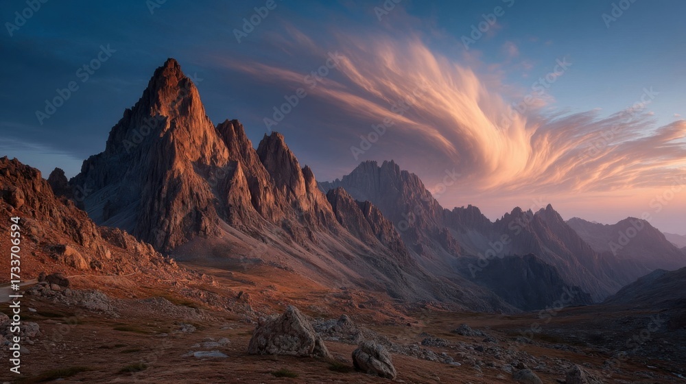Fototapeta premium Majestic mountain range with rugged peaks under autumn sky during sunset or sunrise,
