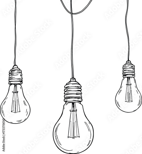 Hanging Light Bulbs Vector Featuring Three Suspended Filament Lamps with Cords in Black and White Line Art Style