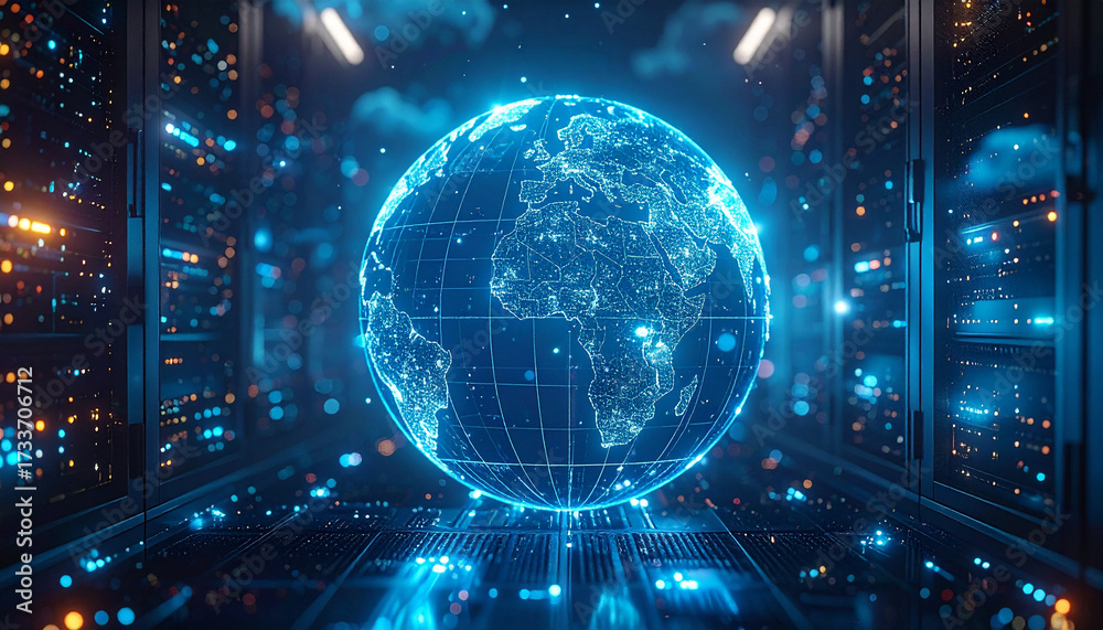 Fototapeta premium Global Digital Network: A futuristic view of the Earth rendered in glowing digital light, floating amidst server racks, symbolizing the interconnected world of data and technology.