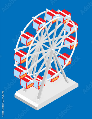Isometric rotating ferris wheel with red cabins. 3D vector isolated on white background