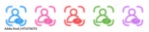 User eye scan neon icon isolated, Glowing profile access symbol, Bright biometric ID sign, Luminous privacy view marker, or Electric identity verification vector illustration