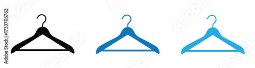 Vector art of three clothes hangers, showcasing a black hanger, a blue hanger, and a light blue hanger, each with a simple design and a classic shape for garment storage