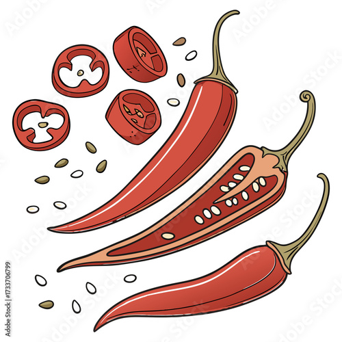 Spicy Red Chili Pepper Collection with Whole Pods and Sliced Rings Isolated on Transparent Background.