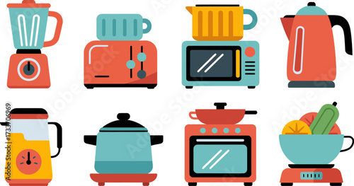 Colorful kitchen appliances vector illustration for cooking and food preparation
