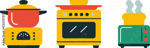 Colorful kitchen appliances including a stove oven and toaster illustration