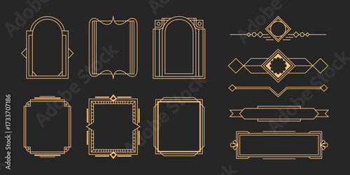 Golden vintage frames vector set. Luxury deco design in line art. Ar deco gatsby style elements.