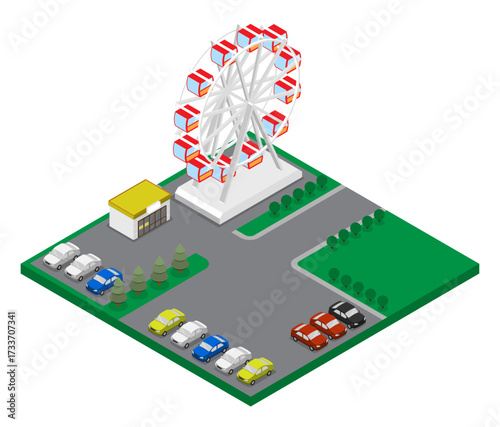 Ferris wheel in an amusement park concept. Aerial view 3D vector isolated on white background
