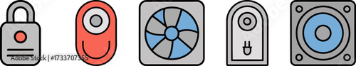 Icons of computer hardware and security elements in vector style