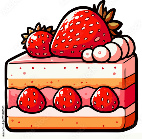 Cute Bold Strawberry Shortcake Vector – Layered Cake Slice with Whipped Cream and Bright Strawberries