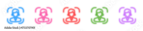 Female face scan neon icon isolated, Glowing user identity symbol, Bright biometric authentication marker, Neon profile avatar, or Shiny facial recognition sign vector illustration
