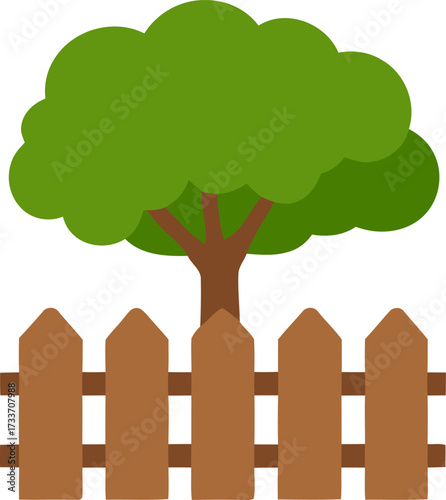 Cartoon illustration of a tree behind a wooden fence in a garden