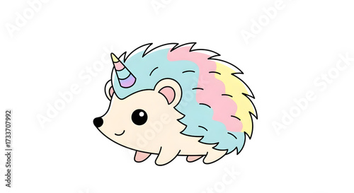Adorable pastel unicorn hedgehog illustration for children's books and designs, cute fantasy animal with magical rainbow spikes, whimsical character