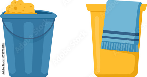 Two colorful cleaning buckets one with sponge and one with towel