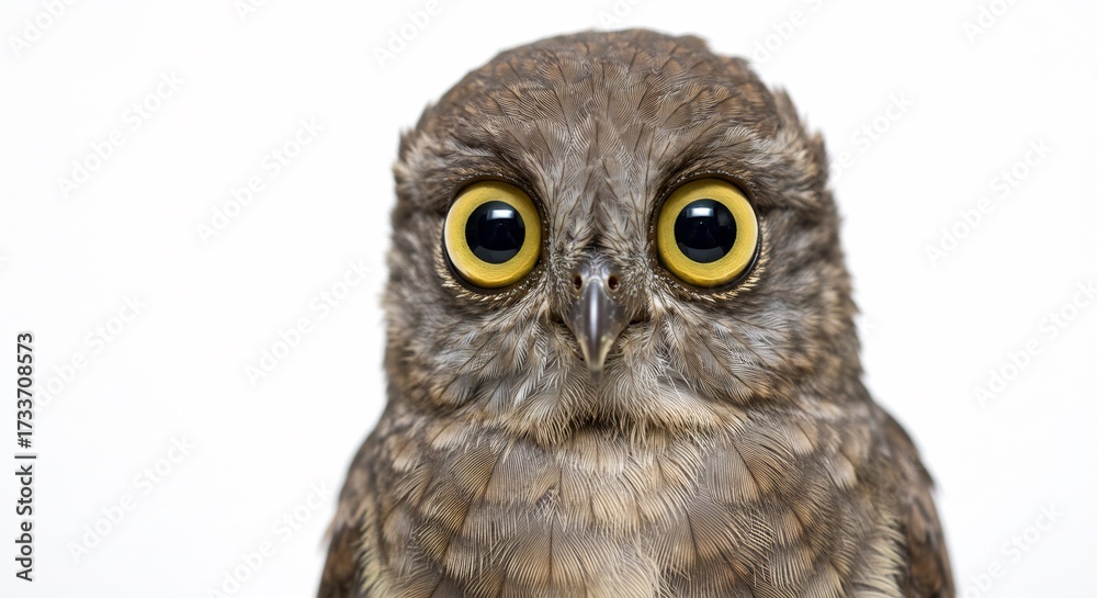 Naklejka premium Captivating close up of a small owl with huge piercing yellow eyes brightly lit against a stark white background