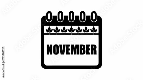 Illustration of a black and white calendar icon displaying the month of november with leaf decorations on top