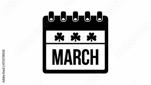 Black and white calendar icon showing the month of march with three shamrocks at the top of the page