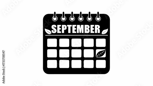 September calendar icon in black and white featuring leaves and a grid representing the days of the month
