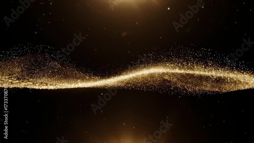 Shimmering golden particles flow across a dark background, lit by a celestial glow