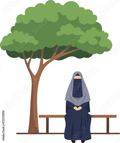 Muslim woman in navy and grey attire and niqab sits calmly on a wooden bench beneath a lush green tree, symbolizing peace, reflection, and relaxation