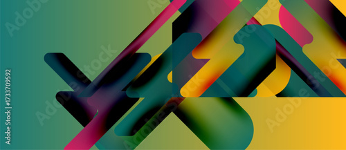 Abstract colorful shapes overlap, creating dynamic visual effect. Gradient hues blend, forming modern composition. Brightness contrasts add depth.
