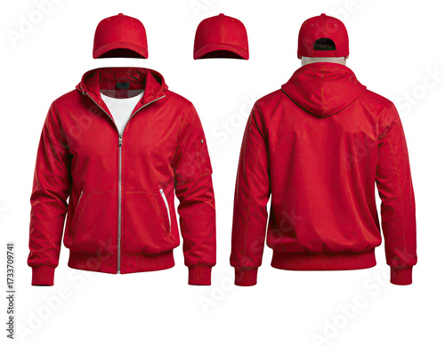 Red jacket with a matching cap shown in front, top, and back views