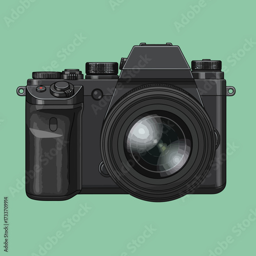 A detailed illustration of a black digital camera with a lens, buttons, and a viewfinder.