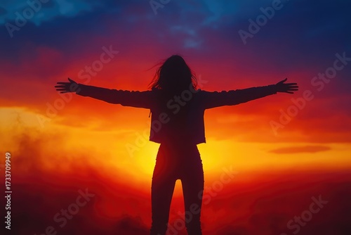 A silhouette stands with arms outstretched, embracing the magnificent, colorful sunset. The vibrant sky radiates freedom, hope, and an inspiring sense of adventure.