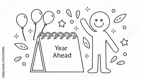 A simple line drawing of a calendar with the words year ahead next to a person with balloons and stars