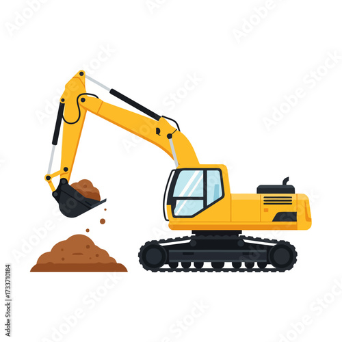 Illustration of a yellow excavator digging a pile of dirt.