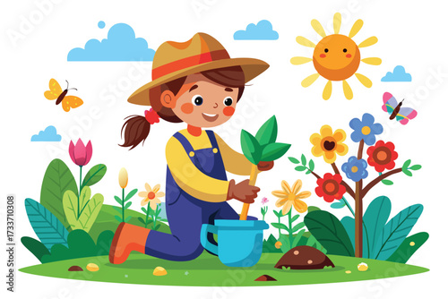 Joyful Boy Enjoying Gardening with Bright Flowers and Sun