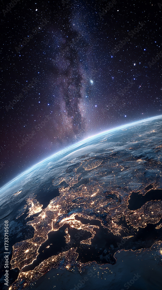 Naklejka premium View from orbit showing planet Earth at night with glowing atmosphere city lights and cosmic space background symbolizing unity mystery and global connection.