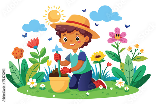 Joyful Boy Enjoying Gardening with Bright Flowers and Sun
