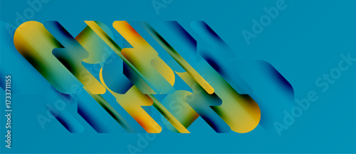 Abstract composition. Vibrant colors blend, creating dynamic shapes. Blue background contrasts yellow, orange gradients. Modern design.